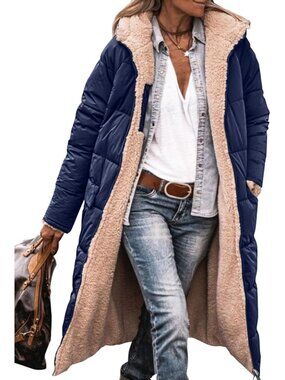 Women's Navy Winter Fleece Warm Long Coats Sherpa Faux Fur Hooded Neck Coats